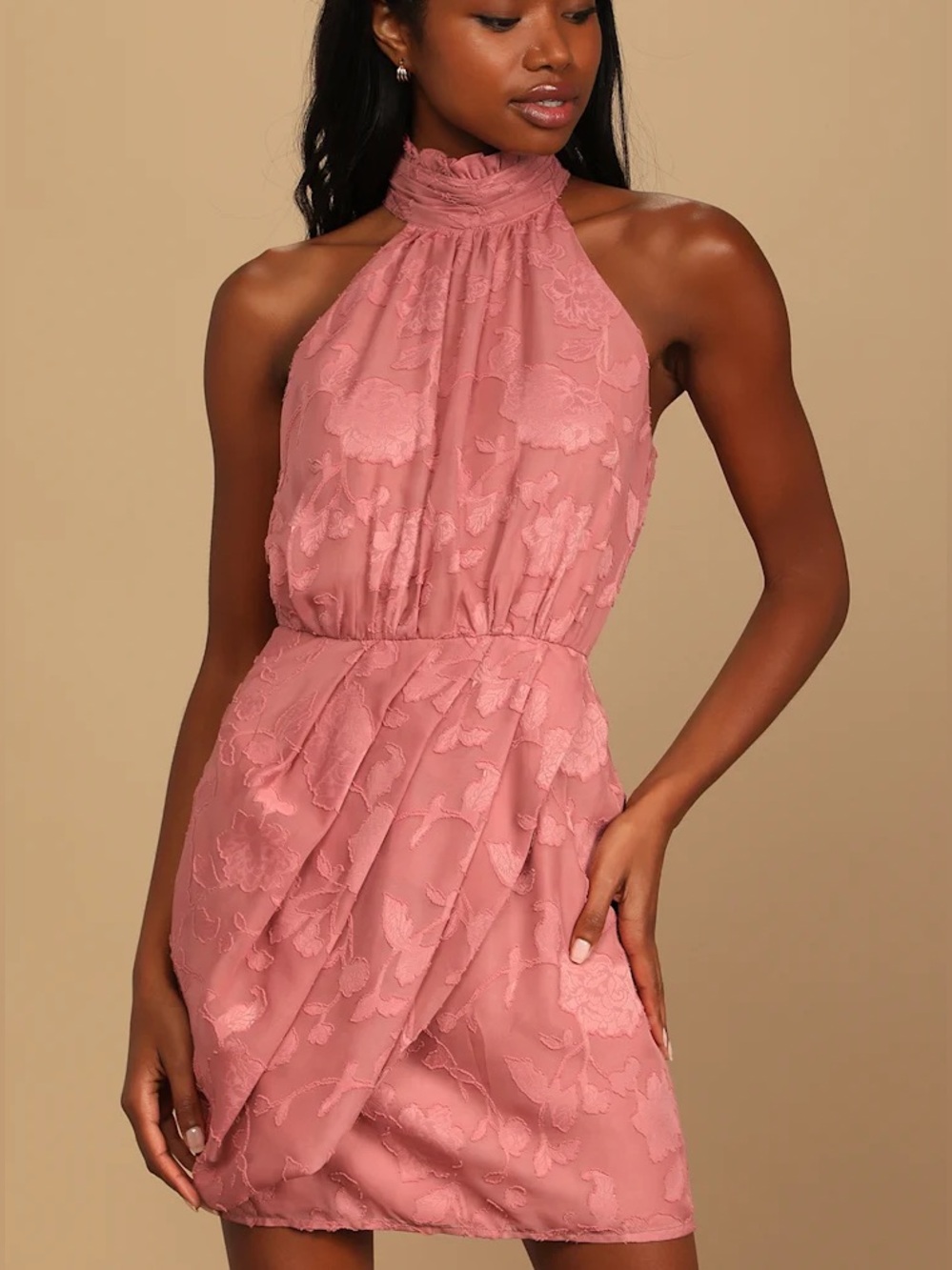 Lulu's Rusty Rose Jaquard Floral Halter Mini Dress